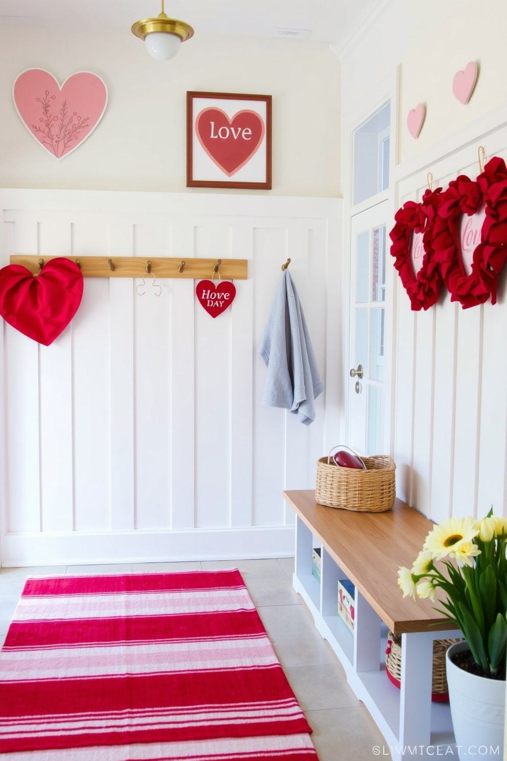 A charming mudroom adorned with string lights featuring heart accents creates a warm and inviting atmosphere. The walls are painted in soft pastel colors, and a rustic wooden bench is placed against one side, decorated with cozy cushions. On the floor, a patterned rug adds texture and warmth, while a collection of heart-themed decorations hangs from the hooks above. Potted plants in cheerful pots are positioned near the entrance, enhancing the festive Valentine's Day spirit.