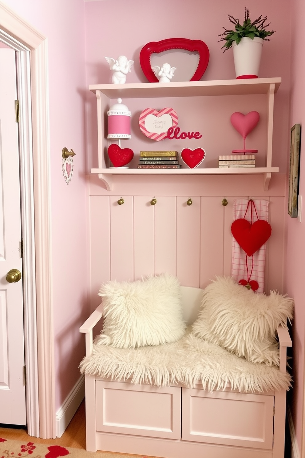 A charming mudroom decorated for Valentine's Day features shelves adorned with cute cupids and heart figurines. The walls are painted in soft pastel colors, and a cozy bench with fluffy cushions invites guests to sit and remove their shoes.