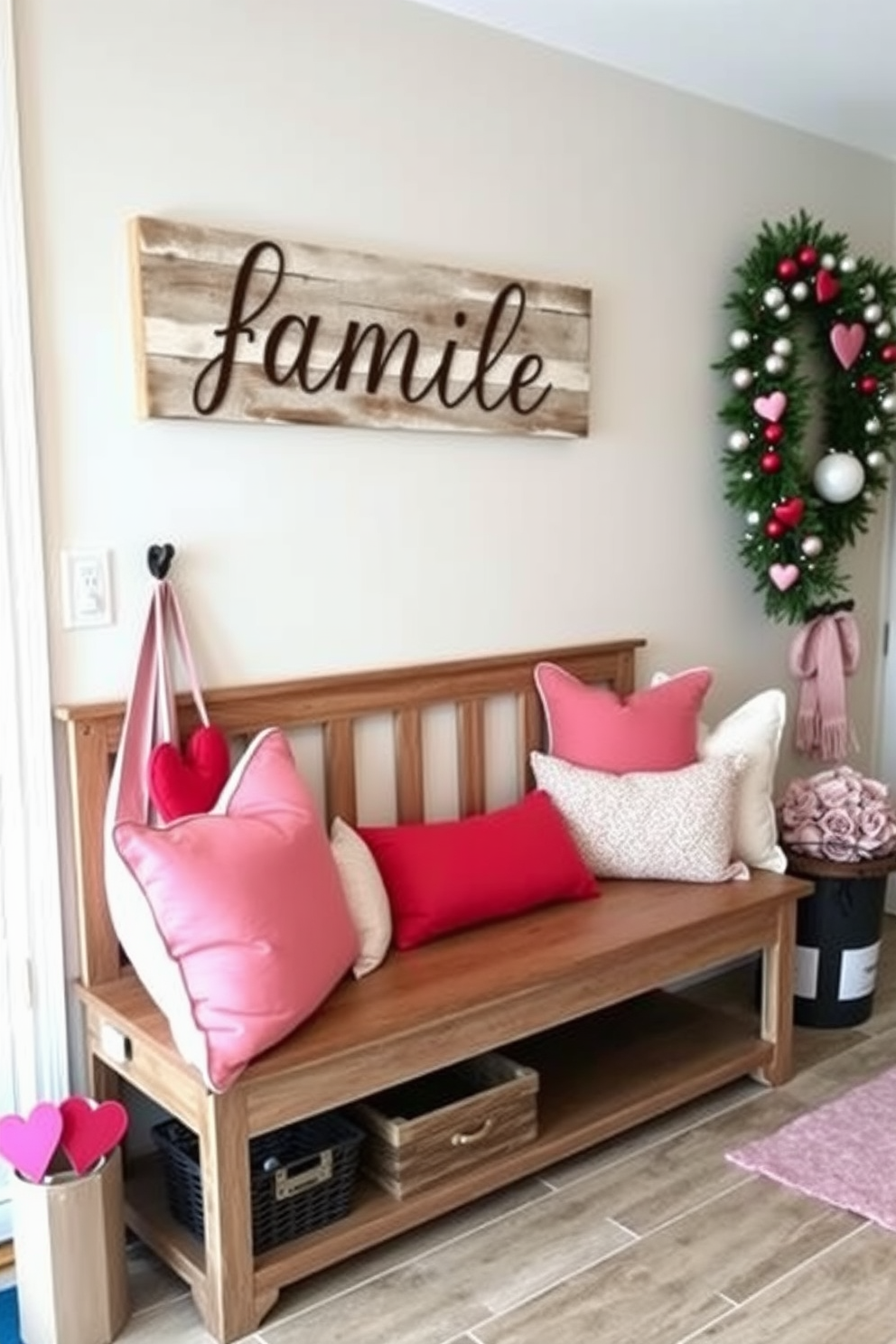 A cozy mudroom decorated for Valentine's Day features a red and white checkered table runner laid across a rustic wooden bench. On the table runner, there are heart-shaped decorative pillows and a small vase filled with fresh red roses.