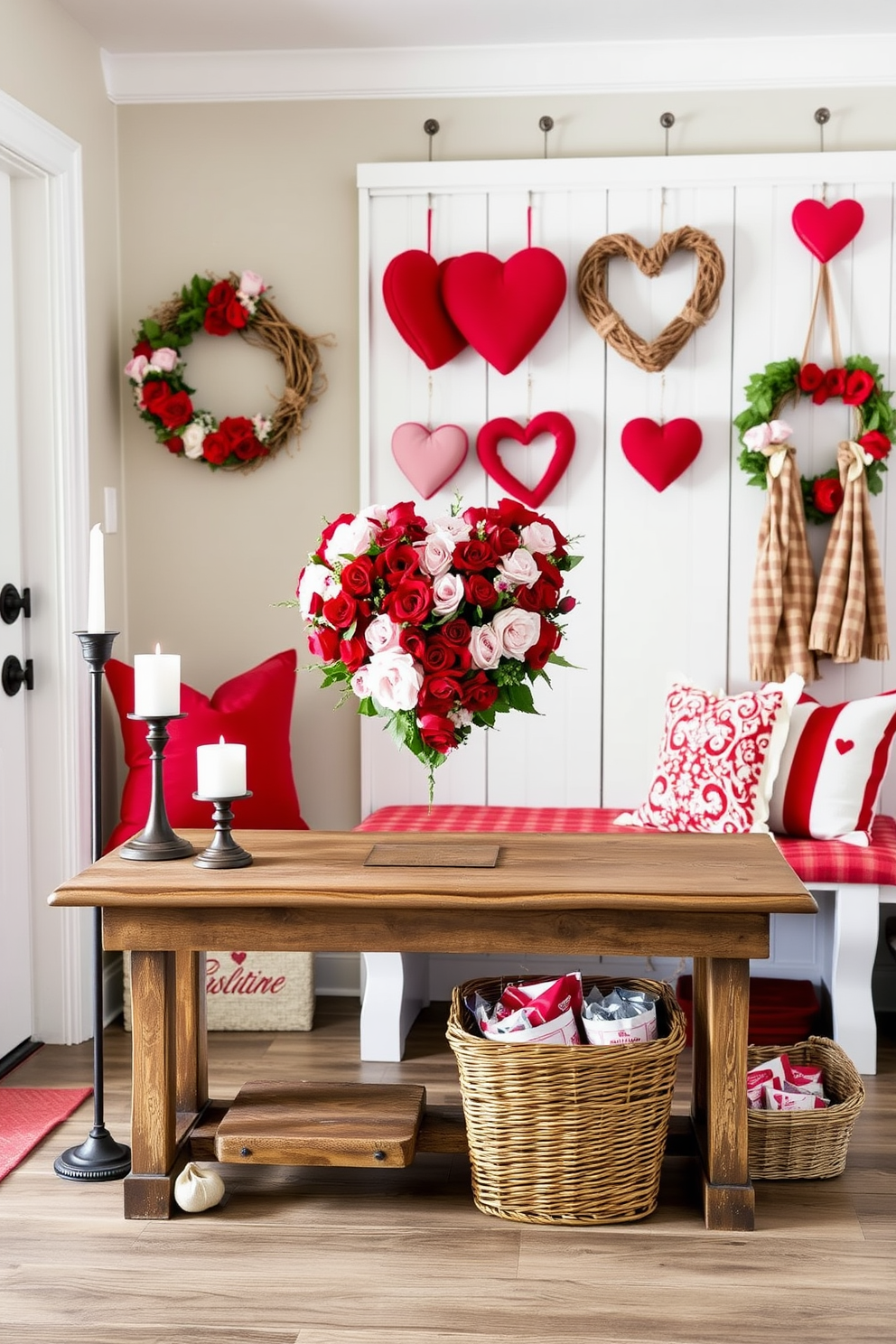 A charming mudroom decorated for Valentine's Day features heart-shaped door hangers made from natural wood. The hangers are painted in soft pastel colors and adorned with twine and small embellishments, creating a warm and inviting atmosphere.