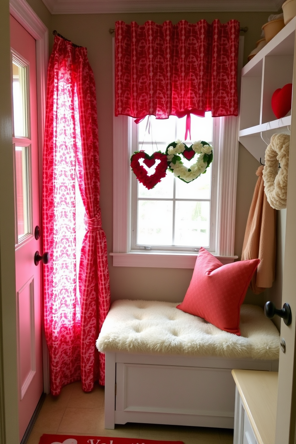 A cozy mudroom adorned for Valentine's Day features red and pink patterned curtains that frame a window, allowing soft light to filter through. The space is decorated with heart-shaped wreaths on the door and a charming bench covered in plush cushions, creating a warm and inviting atmosphere.