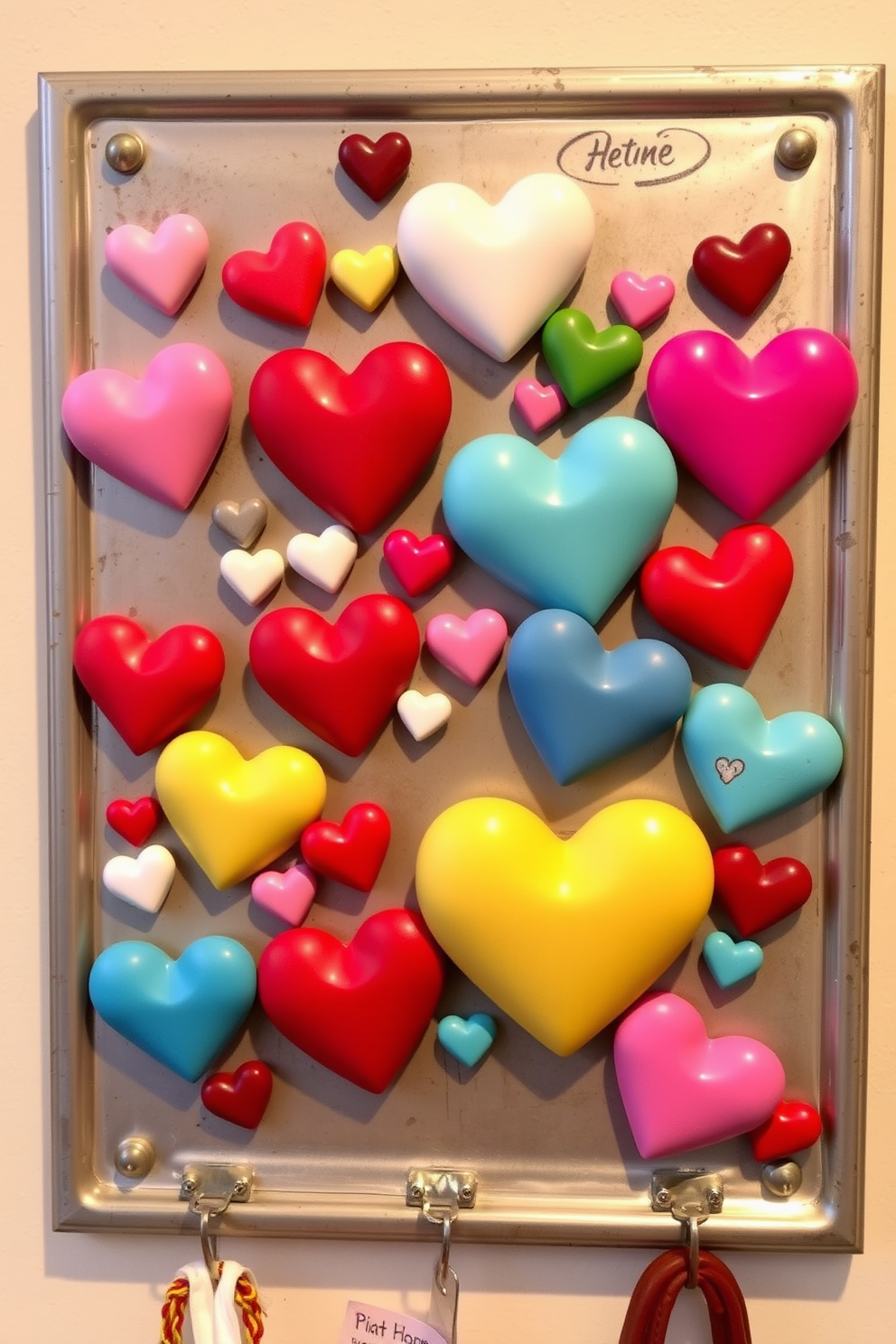 Heart shaped magnets on a metal board create a charming display for a mudroom. The board is adorned with an array of colorful hearts in various sizes, adding a festive touch for Valentine's Day.