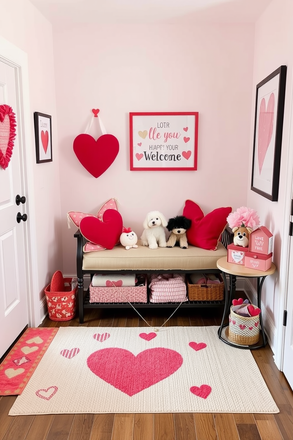 Valentine themed pet accessories are arranged in a cozy mudroom. Soft pink and red hues dominate the decor, with heart-shaped cushions and toys for pets placed on a stylish bench. The walls are adorned with playful Valentine-themed artwork, and a festive rug welcomes guests. A small table displays treats in heart-shaped containers, creating a warm and inviting atmosphere for pet lovers.