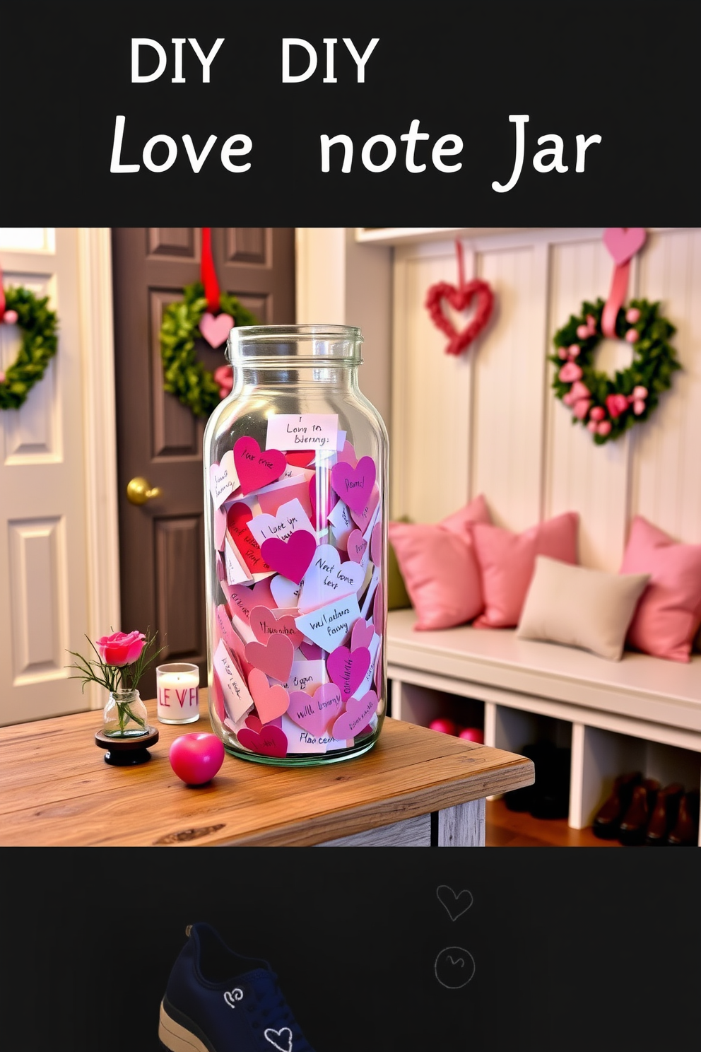 A charming DIY love note jar filled with colorful paper hearts and handwritten messages from family members. The jar is placed on a rustic wooden table, surrounded by small decorative items that enhance its loving theme. A cozy mudroom decorated for Valentine's Day featuring heart-shaped wreaths on the doors and soft pink accents throughout. The space includes a bench with plush cushions and storage for shoes, creating a warm and inviting atmosphere.