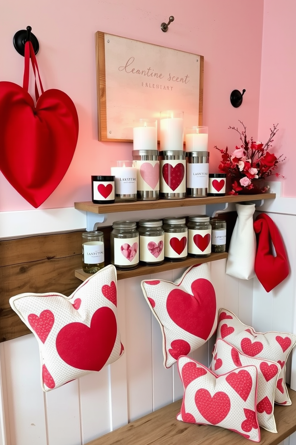 A charming mudroom decorated for Valentine's Day features a collection of seasonal scent candles with heart designs arranged on a rustic wooden shelf. The walls are adorned with soft pink and red accents, and a cozy bench is draped with heart-patterned cushions, creating a warm and inviting atmosphere.