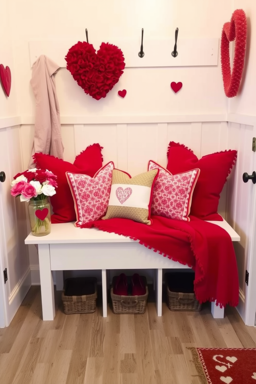 A cozy mudroom decorated for Valentine's Day features a charming display of red and pink garland draped across sturdy hooks. The walls are adorned with heart-themed artwork, and a welcoming bench is set against the wall, inviting guests to sit and enjoy the festive atmosphere.