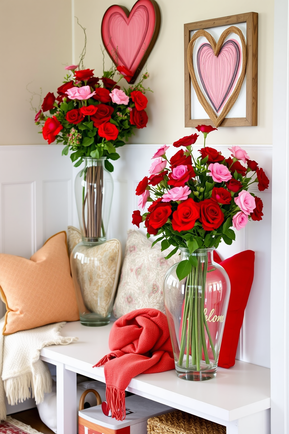 A cozy mudroom adorned for Valentine's Day features a red and white striped throw blanket draped over a rustic bench. The walls are decorated with heart-themed artwork and soft fairy lights, creating a warm and inviting atmosphere.