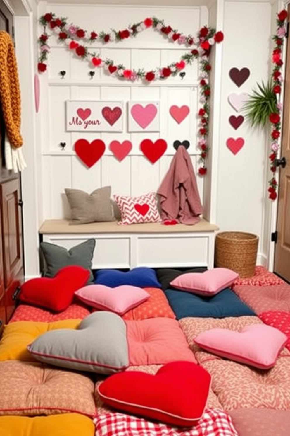 Heart shaped pillows are scattered across a variety of colorful floor cushions creating a cozy and inviting atmosphere. The mudroom is adorned with festive Valentine's Day decorations including heart-themed wall art and garlands.