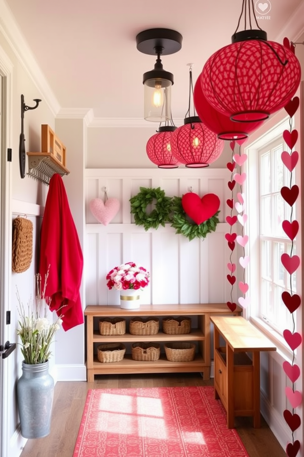 Create a cozy mudroom decorated for Valentine's Day. Festive red and pink lanterns are hung from the ceiling, casting a warm glow, while heart-shaped garlands drape along the walls.