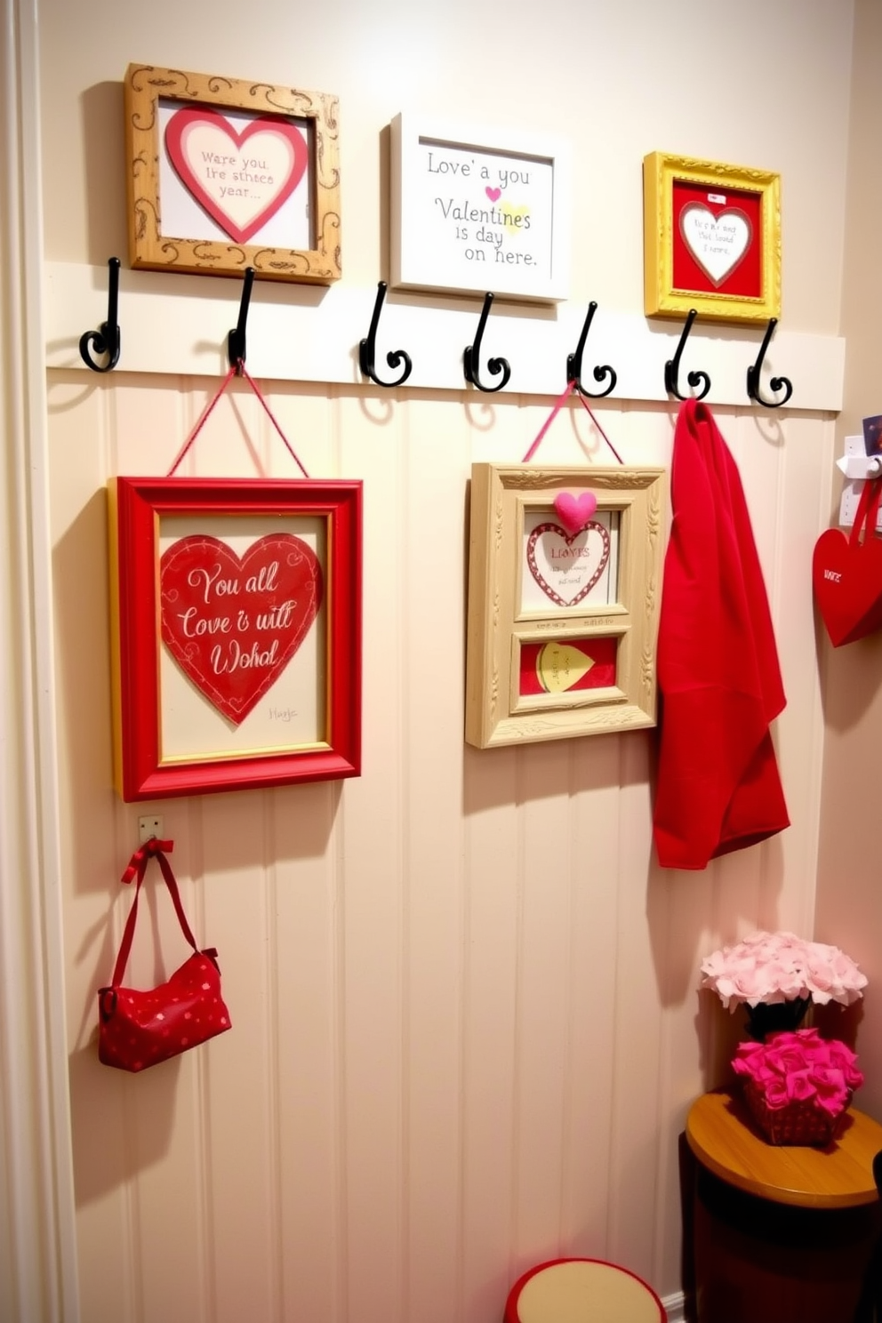 Create a charming mudroom decorated for Valentine's Day. Picture frames with heart motifs hang from hooks, showcasing sweet messages and love-themed artwork, while cheerful accents in red and pink bring warmth to the space.