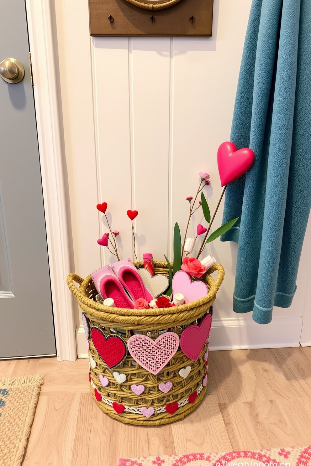 A seasonal themed basket for shoes is placed in a cozy mudroom. The basket is filled with vibrant decorations that reflect the spirit of Valentine's Day, including heart-shaped accents and soft pastel colors.