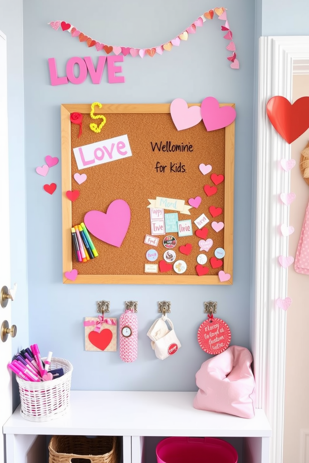 A DIY love message board for kids features a colorful corkboard adorned with heart-shaped cutouts. Bright markers and playful stickers are scattered around, inviting children to express their creativity and affection. The mudroom is transformed for Valentine's Day with charming decor elements like heart garlands and pink accents. Cozy storage solutions are enhanced with festive touches, creating a welcoming space for family and friends.