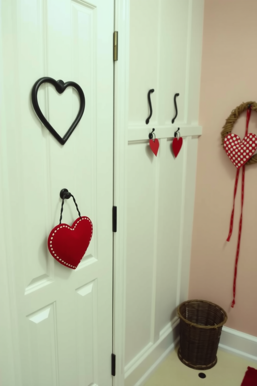 A charming mudroom adorned for Valentine's Day features decorative bowls filled with colorful candy hearts. The walls are painted in soft pastels, and a cozy bench with heart-patterned cushions invites guests to sit and enjoy the festive atmosphere.