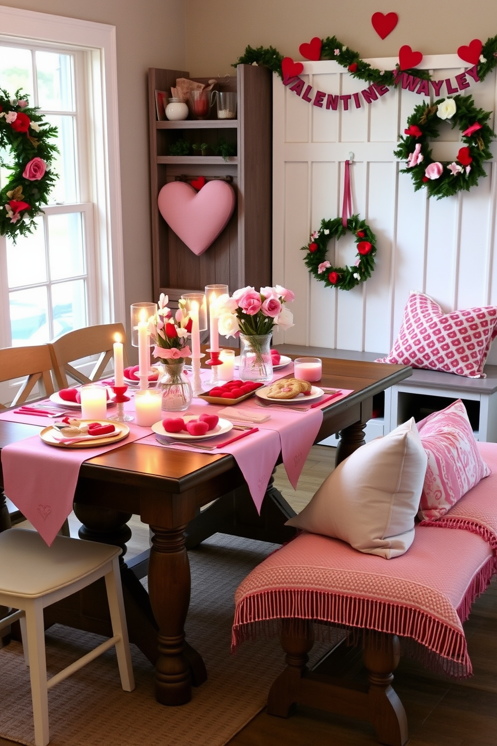 A stylish heart-shaped key holder is mounted on the wall in the mudroom, crafted from reclaimed wood with a rustic finish. Below it, a small shelf holds decorative items and a few potted plants, adding a touch of warmth to the space. The walls are adorned with soft pastel colors, creating a cheerful atmosphere perfect for Valentine's Day. A cozy bench with plush cushions sits nearby, inviting guests to sit and remove their shoes while adding to the festive decor.