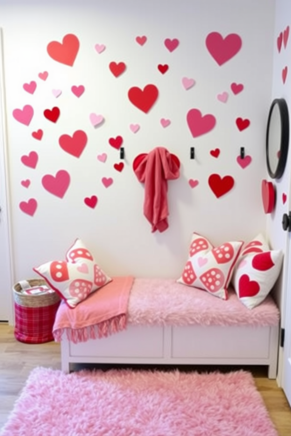 A charming mudroom adorned for Valentine's Day features a vibrant bouquet of elegant pink and red flowers arranged in a rustic vase. The space is enhanced with heart-themed decorations, including a cozy bench with plush cushions and playful wall art that captures the spirit of the holiday.