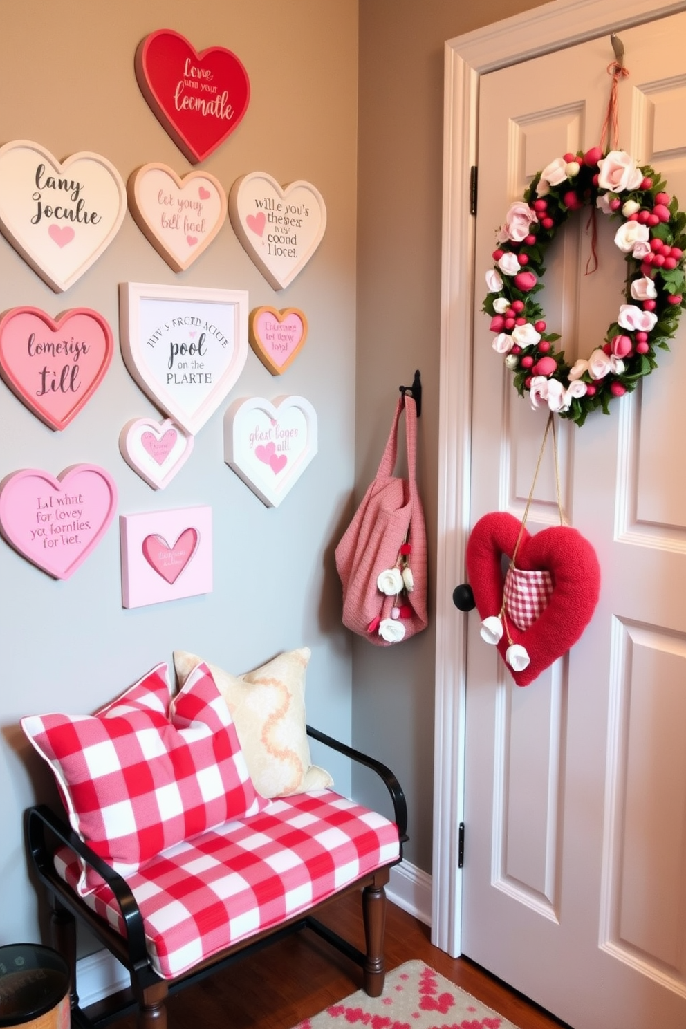 A charming mudroom decorated for Valentine's Day features a rustic basket filled with miniature love letters. The walls are adorned with heart-themed artwork, and a cozy bench invites guests to sit and enjoy the festive atmosphere.