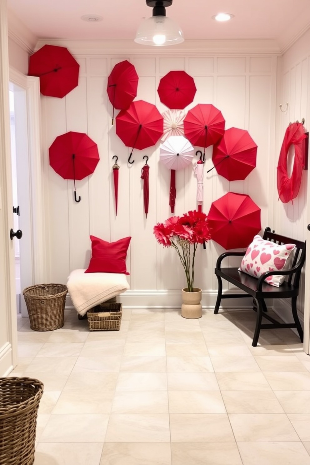 A charming mudroom adorned for Valentine's Day features a collection of decorative red and pink umbrellas elegantly displayed. The space is brightened with soft lighting, and a cozy bench is set against the wall, inviting guests to sit and enjoy the festive decor.