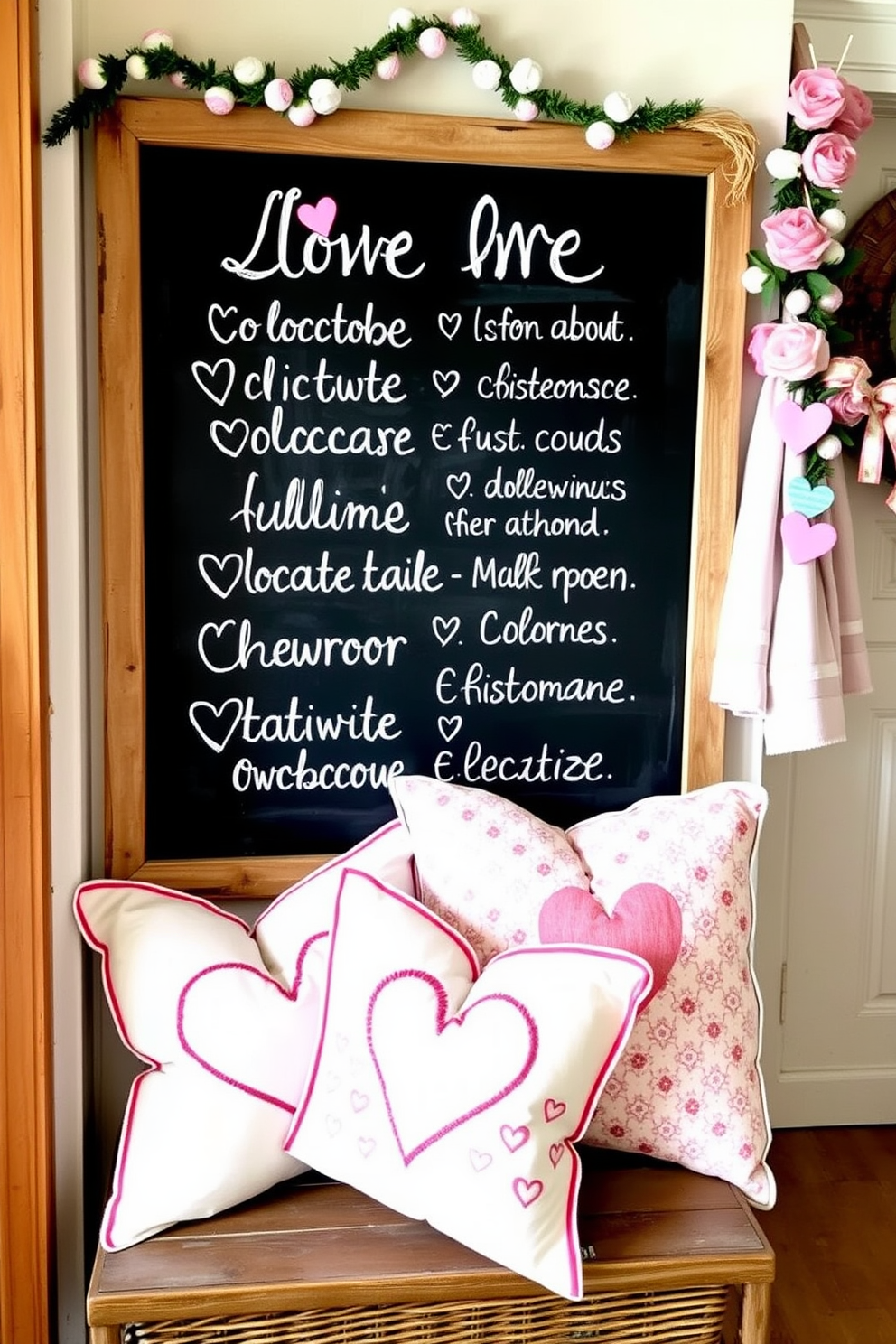 A charming mudroom decorated for Valentine's Day features a large chalkboard adorned with heartfelt messages and playful drawings. The space is enhanced with cozy accents like pink and red throw pillows on a bench, and heart-themed wreaths hanging on the hooks.