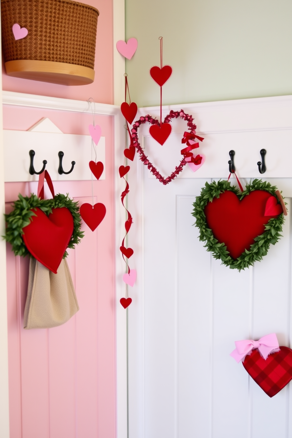 A charming heart-shaped wreath is elegantly displayed on the front door, inviting warmth and love into the home. The wreath is adorned with delicate pink and red flowers, creating a festive atmosphere for Valentine's Day. Inside the mudroom, cozy accents enhance the seasonal decor. Soft throw pillows in heart patterns are arranged on a bench, while a collection of heart-shaped wall art adds a playful touch to the space.