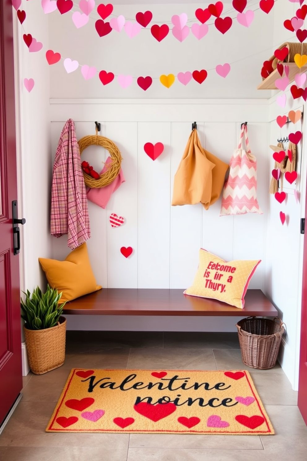 A vibrant Valentine themed doormat welcomes guests with a heartwarming design featuring red and pink hearts against a soft cream background. The mudroom is adorned with playful Valentine decorations, including garlands of paper hearts and cheerful throw pillows in coordinating colors.