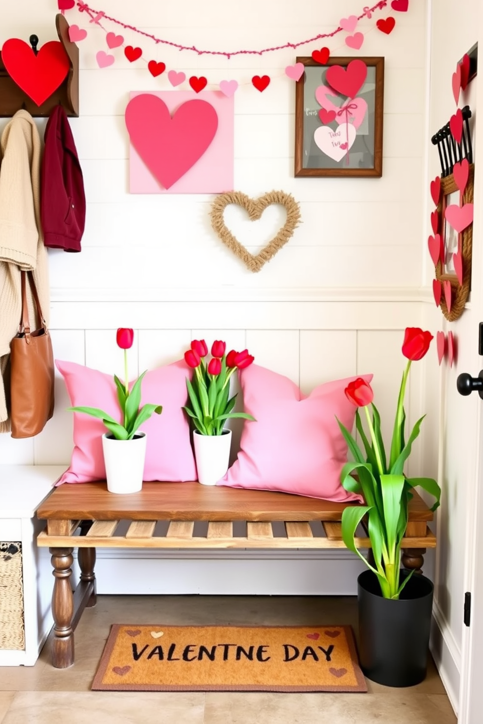 A cozy mudroom decorated for Valentine's Day features a charming bench with soft cushions in shades of pink and red. Potted red tulips are placed on the bench, adding a fresh touch and vibrant color to the space. The walls are adorned with heart-themed artwork and garlands made of paper hearts. A rustic coat rack holds cozy winter jackets, while a welcome mat with a festive Valentine's Day message greets visitors at the entrance.