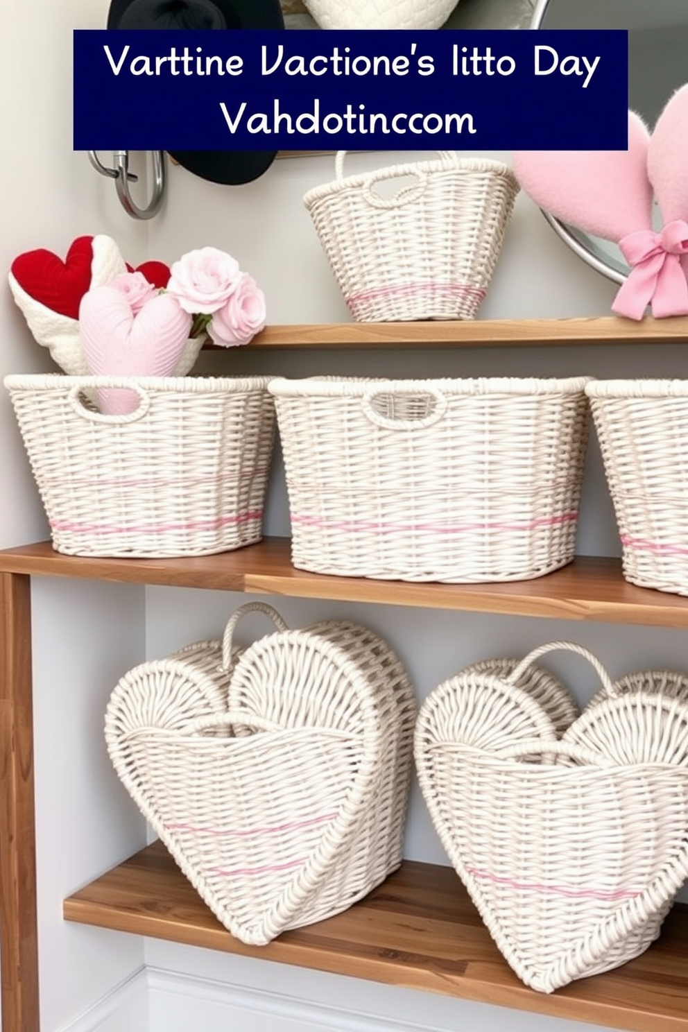 Create a charming mudroom decorated for Valentine's Day featuring stylish heart-shaped storage baskets. The baskets are woven in soft pastel colors and are neatly arranged on a rustic wooden shelf, adding a playful yet organized touch to the space.