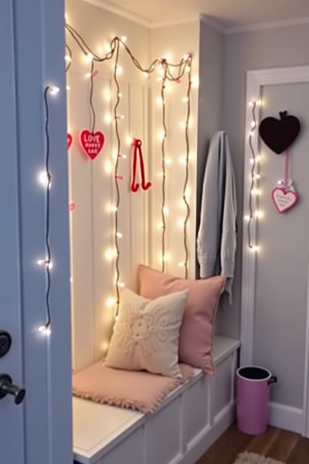 A charming mudroom adorned for Valentine's Day features string lights with heart-shaped accents gracefully draped along the walls. The space is complemented by a cozy bench with plush cushions in soft pastel colors, creating a warm and inviting atmosphere.