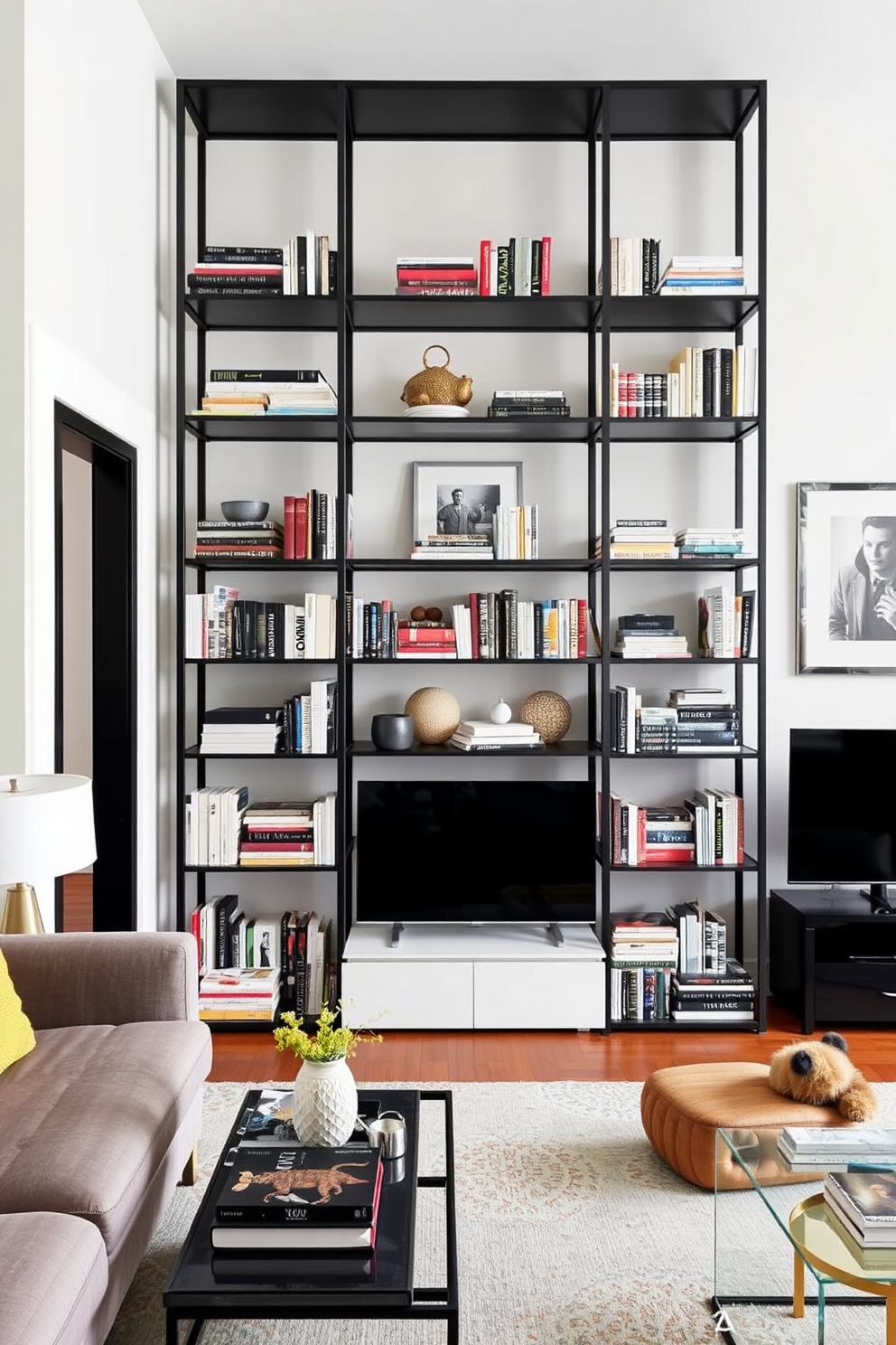 Maximize vertical space with tall shelves in a stylish NYC apartment. The shelves are made of sleek black metal and are filled with a curated collection of books and decorative items, creating an eye-catching focal point in the living area.