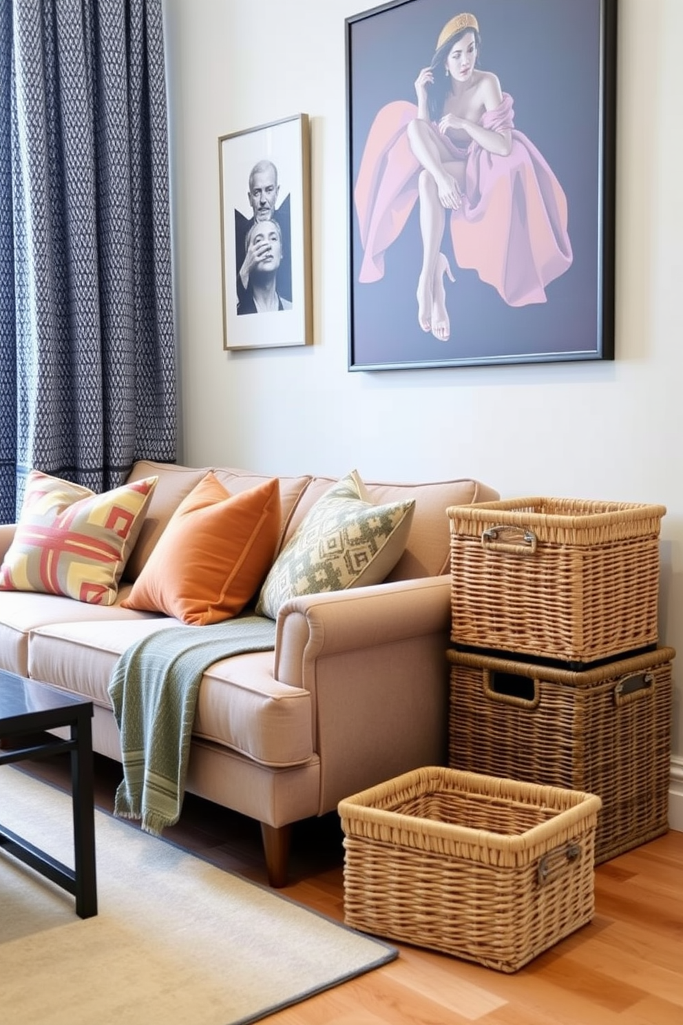 A stylish NYC apartment featuring decorative storage baskets that blend seamlessly with the overall decor. The living area showcases a cozy sofa adorned with colorful throw pillows, while the baskets are neatly arranged in a corner, adding both functionality and charm.