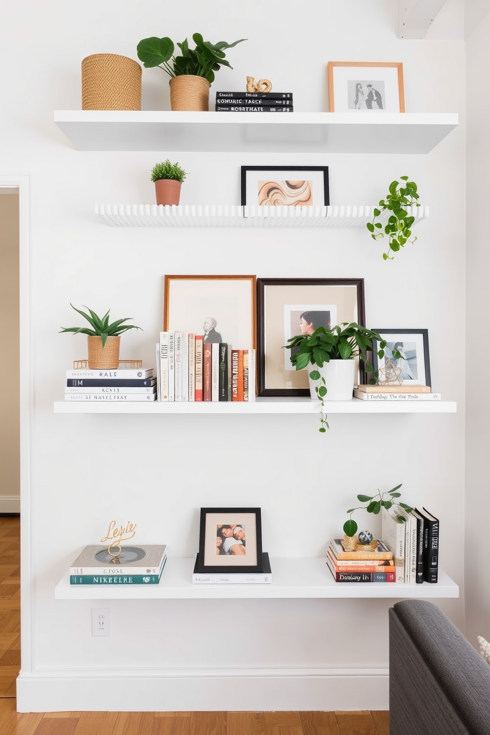 A stylish NYC apartment featuring floating shelves that provide functional storage while maintaining a sleek aesthetic. The shelves are adorned with carefully curated decor items, including books, plants, and art pieces that reflect the owner's personality.