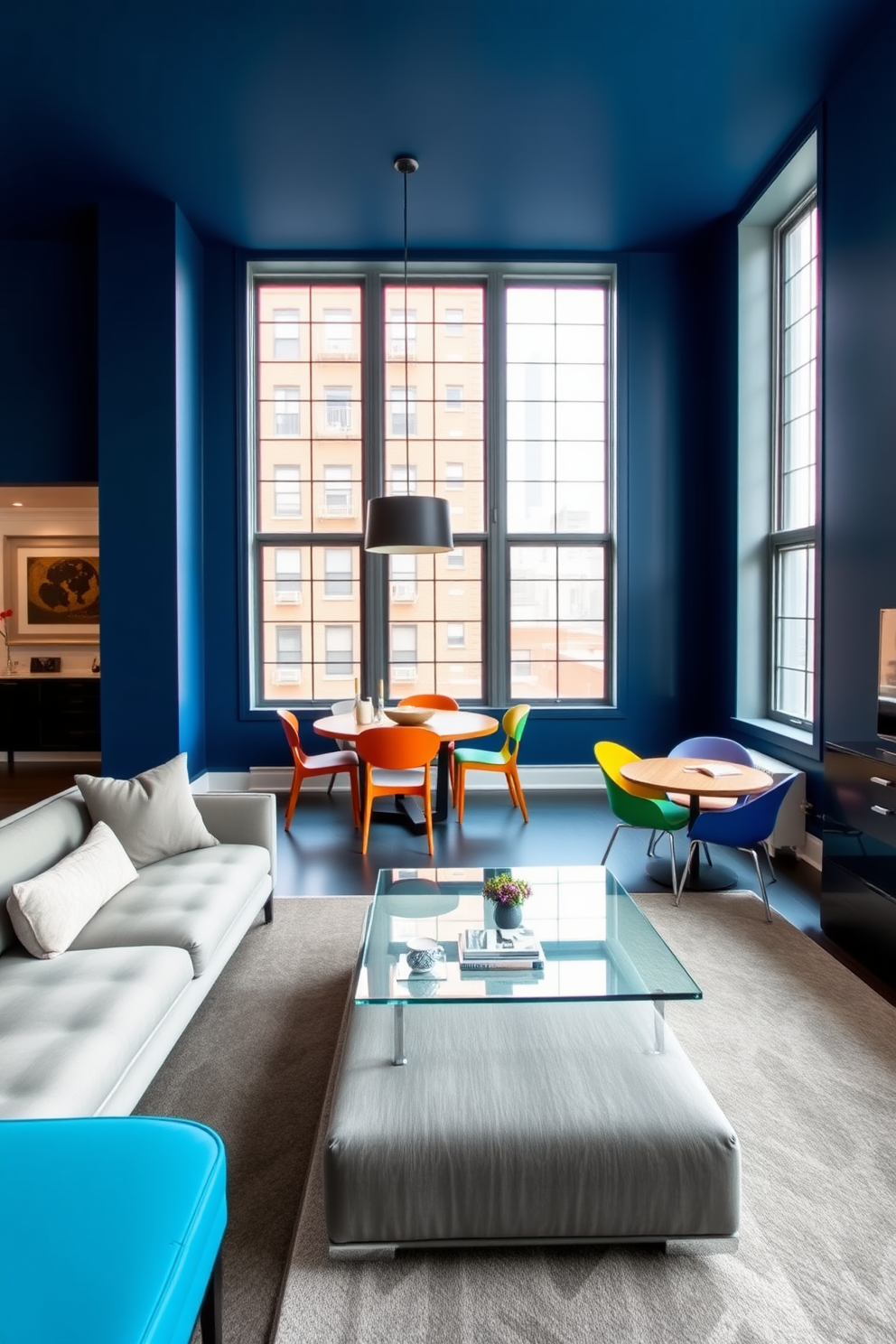 A chic NYC apartment featuring a bold accent wall painted in deep navy blue. The living area is furnished with a sleek gray sofa and a glass coffee table, creating a striking contrast against the vibrant wall. The dining nook includes a round wooden table surrounded by colorful chairs that pop against the backdrop. Large windows allow natural light to flood the space, enhancing the overall atmosphere of modern elegance.