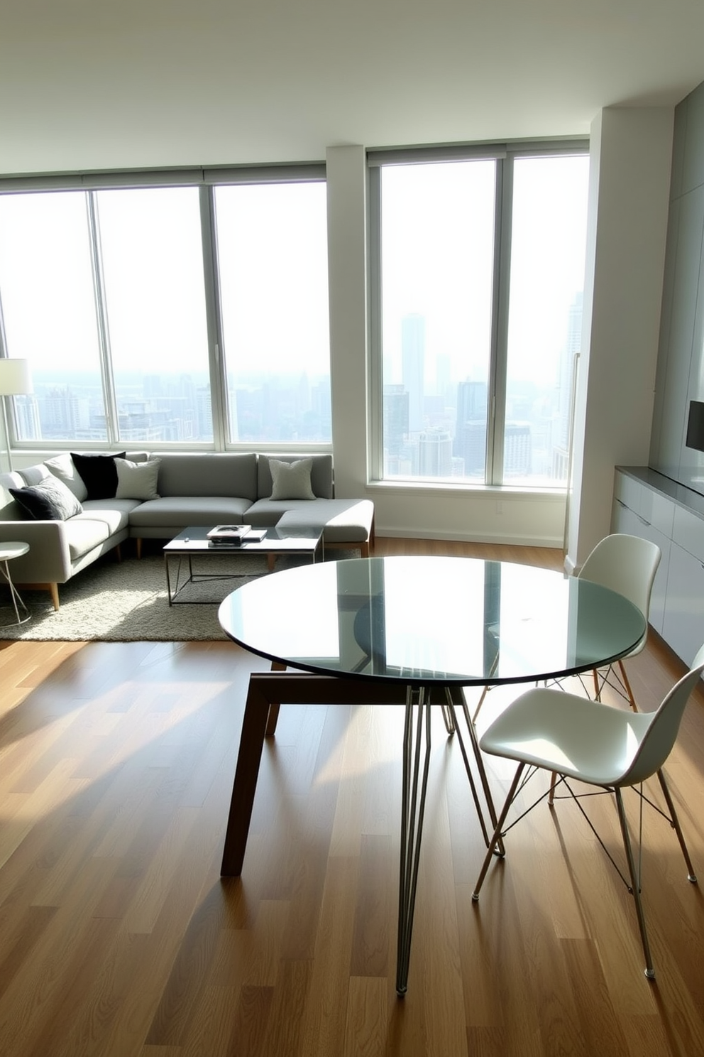 A chic NYC apartment featuring a spacious living area with a sleek sectional sofa that has exposed wooden legs. A glass coffee table sits in the center, allowing light to flow through the room and creating a sense of openness. The dining space includes a modern round table with metal legs surrounded by minimalist chairs that complement the overall aesthetic. Large windows frame the view of the city skyline, enhancing the airy feel of the apartment.