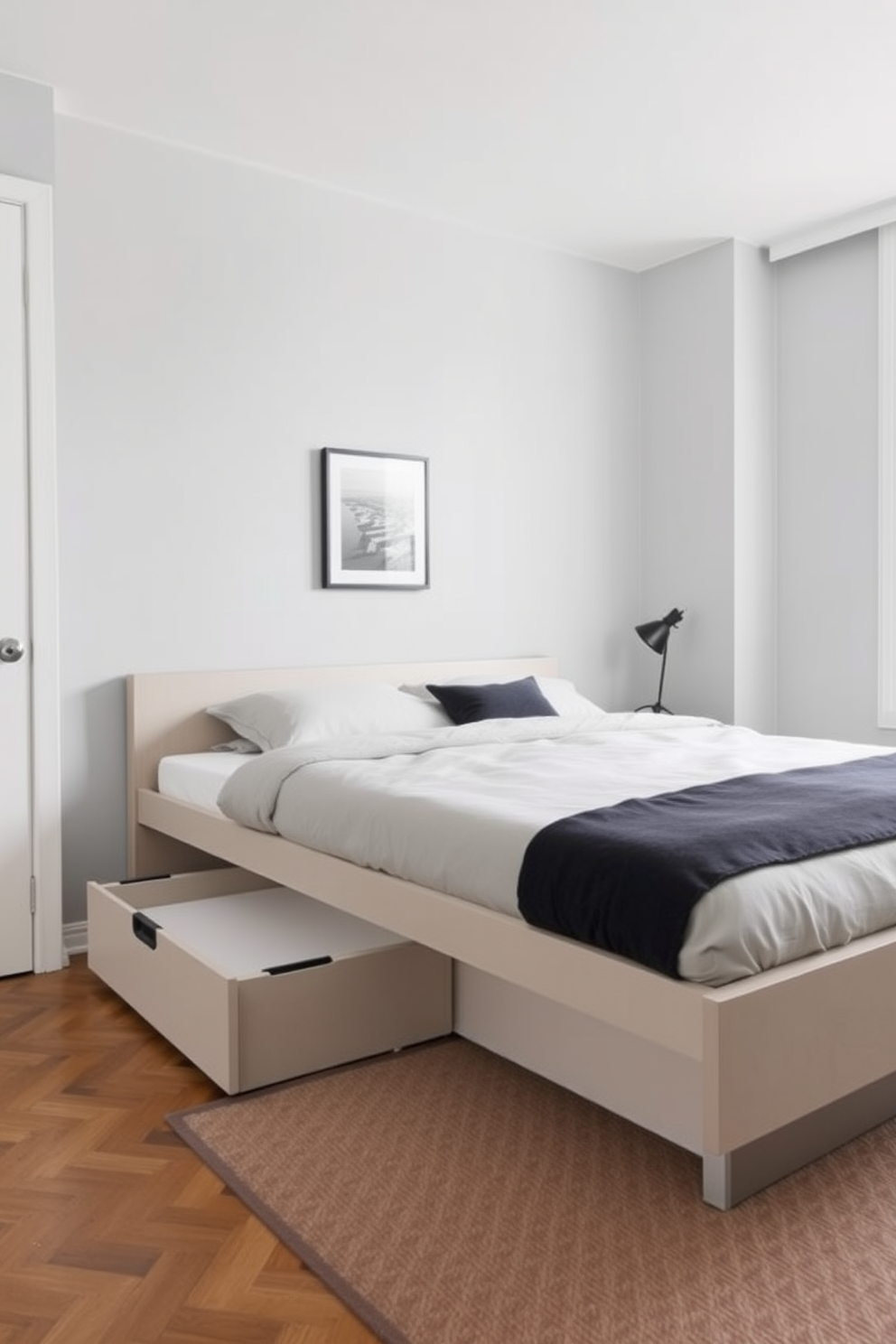 A stylish NYC apartment featuring a cozy bedroom with a modern bed frame. Underneath the bed, there are sleek storage drawers that blend seamlessly with the decor, providing hidden space for organization. The walls are painted in a soft gray tone, creating a calm atmosphere. A minimalist nightstand with a small lamp sits beside the bed, enhancing the overall functionality of the room.