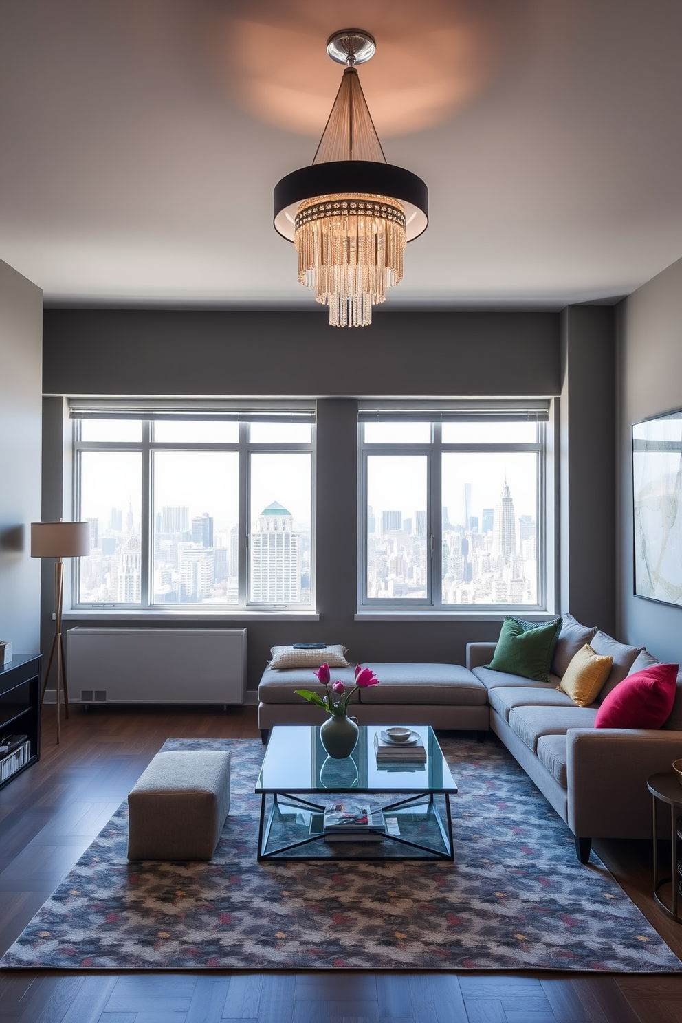 A stylish NYC apartment living room features a statement light fixture that hangs gracefully from the ceiling, casting a warm glow over the space. The room is adorned with a plush sectional sofa in a neutral tone, complemented by vibrant throw pillows and a chic coffee table at the center. Large windows allow natural light to flood the room, showcasing a stunning city skyline view. The walls are painted in a soft gray, creating a perfect backdrop for contemporary art pieces that add character to the space.