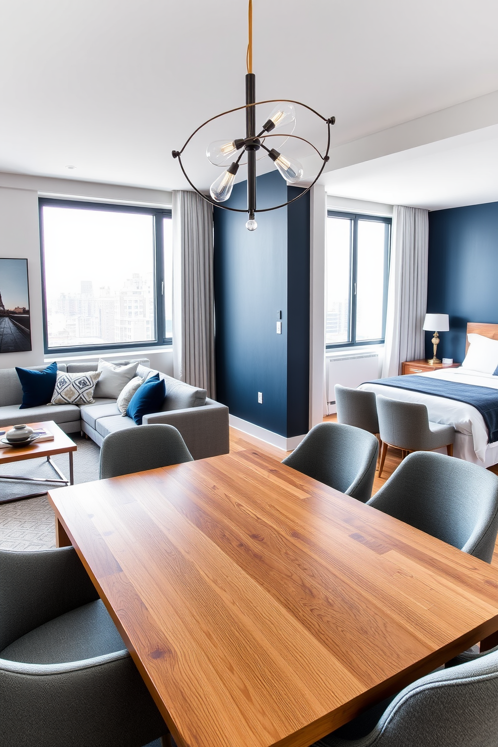 A stylish New York City apartment featuring an open-concept living space. The design incorporates a cohesive color palette of soft grays, deep blues, and warm wood tones to create a harmonious and inviting atmosphere. The living room showcases a plush gray sectional sofa paired with navy accent pillows and a sleek wooden coffee table. Large windows allow natural light to flood the space, highlighting an art piece that complements the chosen color scheme. In the dining area, a modern wooden table surrounded by upholstered chairs enhances the overall aesthetic. A statement light fixture hangs above the table, adding a touch of elegance while maintaining the cohesive design throughout the apartment. The bedroom offers a serene retreat with a muted blue accent wall and crisp white bedding. A stylish nightstand with a warm wood finish holds a contemporary lamp, creating a balanced and tranquil environment.