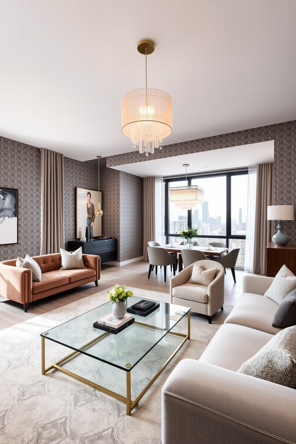 A chic NYC apartment design featuring a living room with textured wallpaper that showcases a bold geometric pattern. The space is adorned with a plush velvet sofa and a sleek glass coffee table, complemented by modern art pieces on the walls. In the dining area, a statement chandelier hangs above a wooden table surrounded by upholstered chairs. Large windows offer a view of the city skyline, with sheer curtains allowing natural light to filter in gracefully.