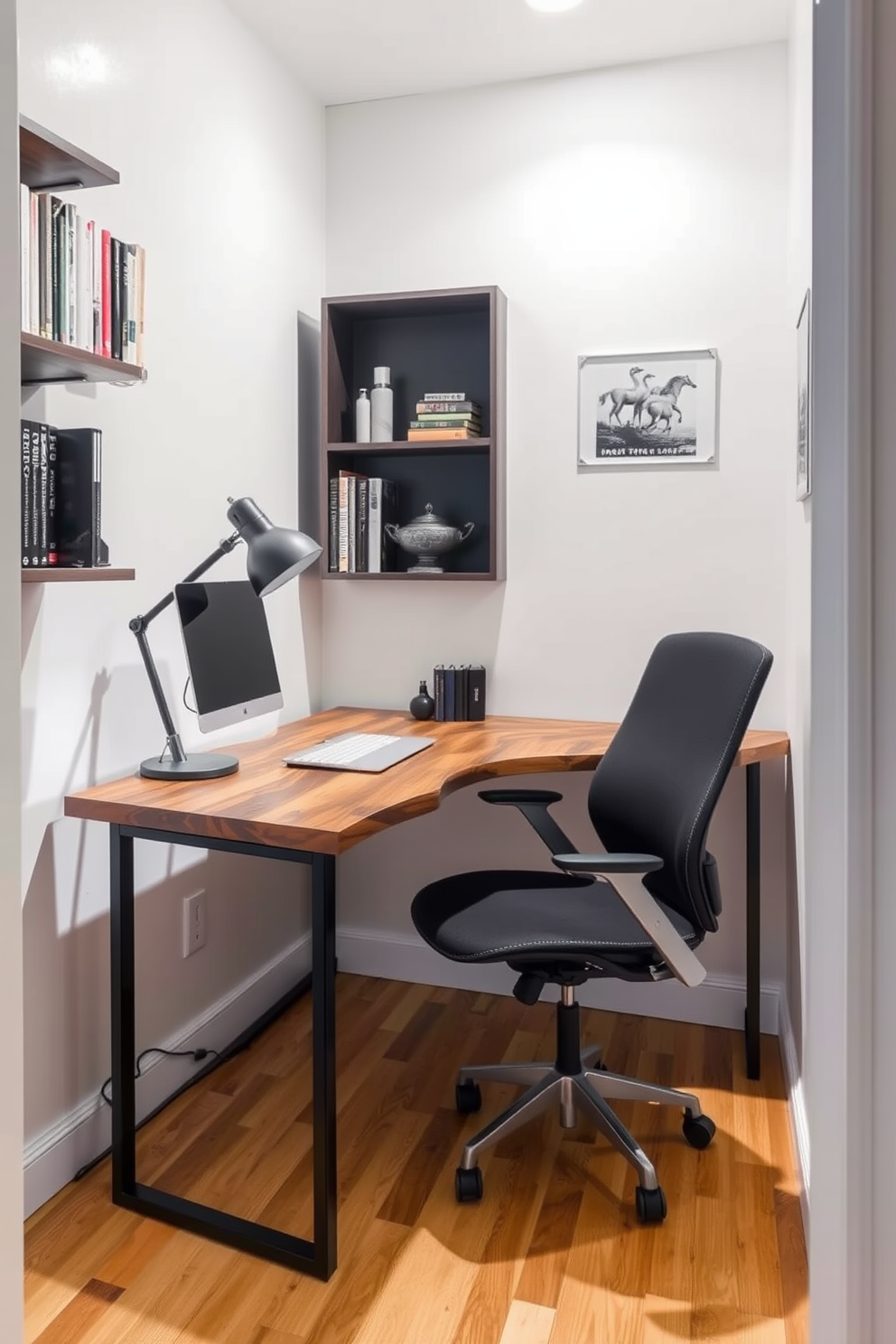 A compact workspace featuring a sleek desk made of reclaimed wood with a modern metal frame. The walls are adorned with open shelving displaying books and decorative items, while a stylish ergonomic chair complements the overall aesthetic.