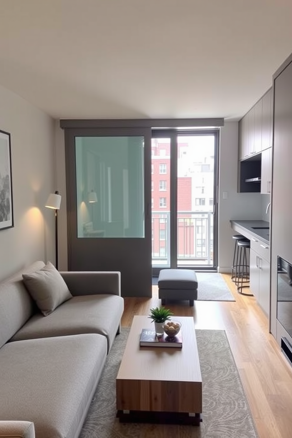 A stylish NYC apartment featuring a compact living area with a modern sliding door that opens to a small balcony. The space is designed with multifunctional furniture, including a sleek sofa that converts into a bed and a minimalist coffee table that doubles as a storage unit. The kitchen area is open and features a narrow island with bar stools, perfect for casual dining. The color palette consists of light grays and warm wood tones, creating a cozy yet contemporary atmosphere.