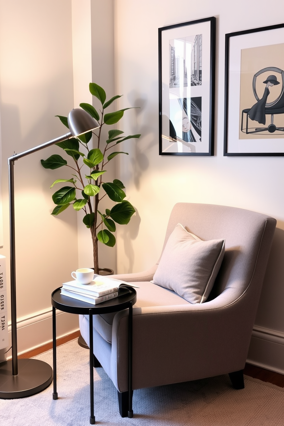 Create a cozy reading corner in a chic NYC apartment. The focal point is a plush armchair upholstered in soft gray fabric, positioned next to a sleek floor lamp that provides warm lighting. A small side table holds a stack of books and a steaming cup of tea. The walls are adorned with framed artwork, and a lush green plant adds a touch of nature to the space.