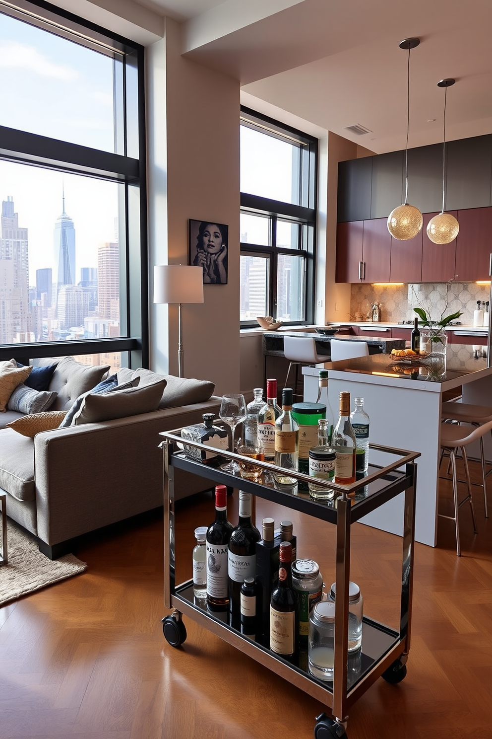 A stylish NYC apartment featuring a modern living area with a sleek bar cart positioned near the seating arrangement. The bar cart is adorned with an assortment of premium spirits, glassware, and decorative accessories, creating an inviting atmosphere for entertaining guests. The open-concept kitchen flows seamlessly into the living space, showcasing contemporary cabinetry and a chic island with bar stools. Large windows allow natural light to flood the room, highlighting the urban skyline view and enhancing the overall ambiance.