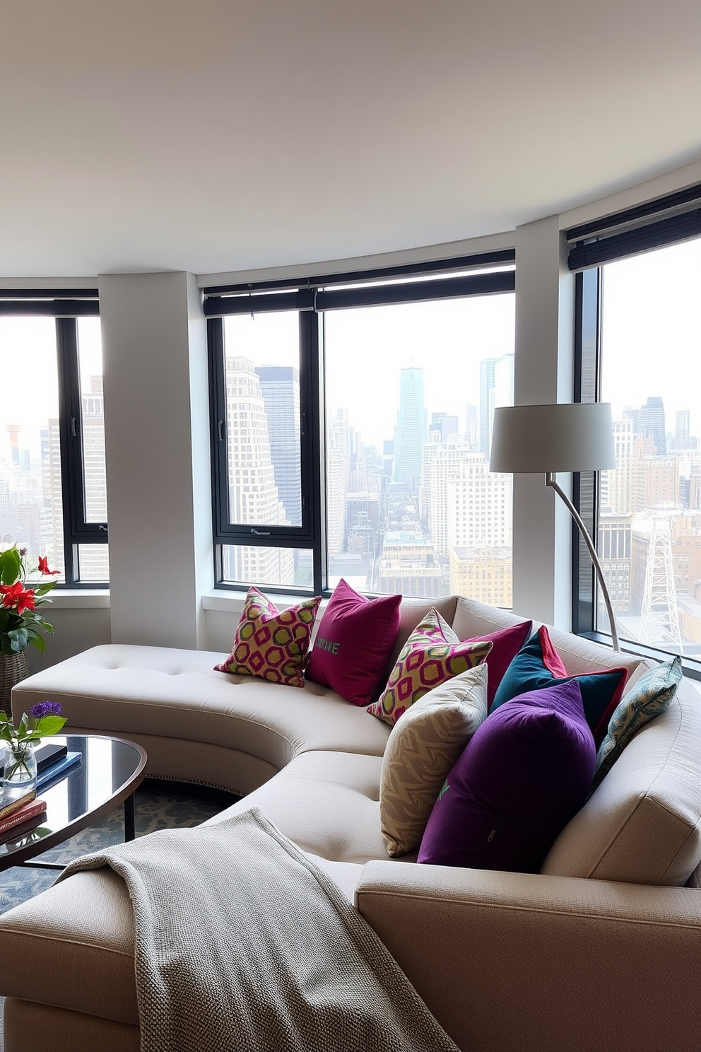 A chic NYC apartment living room featuring a neutral sofa adorned with vibrant, colorful pillows. The space is enhanced by large windows that allow natural light to flood in, showcasing a stunning city view.