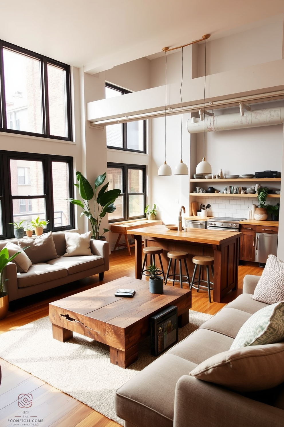 A cozy NYC apartment featuring an open-concept living space with natural wood flooring and large windows that allow ample sunlight. The living area includes a plush sectional sofa in muted tones, complemented by a reclaimed wood coffee table and potted plants that add a touch of greenery. The kitchen showcases a blend of modern and rustic elements with a wooden island, stainless steel appliances, and open shelving displaying artisanal dishware. Soft pendant lighting hangs above the island, creating an inviting atmosphere for cooking and entertaining.