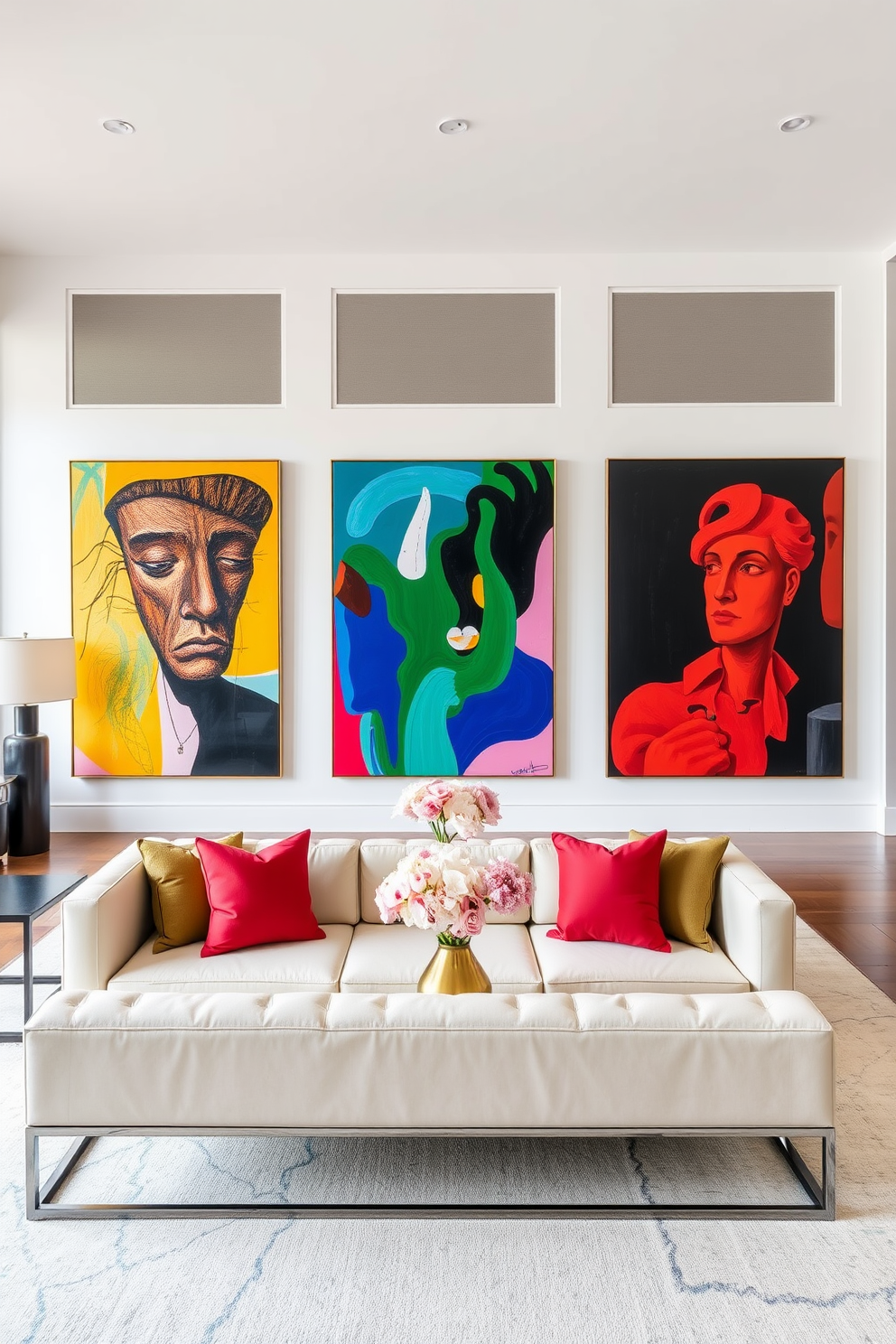 Create a stunning NYC apartment that features oversized art pieces that serve as bold focal points in the living space. The walls are adorned with vibrant paintings that draw the eye, complemented by sleek modern furniture and an open floor plan that enhances the urban aesthetic.