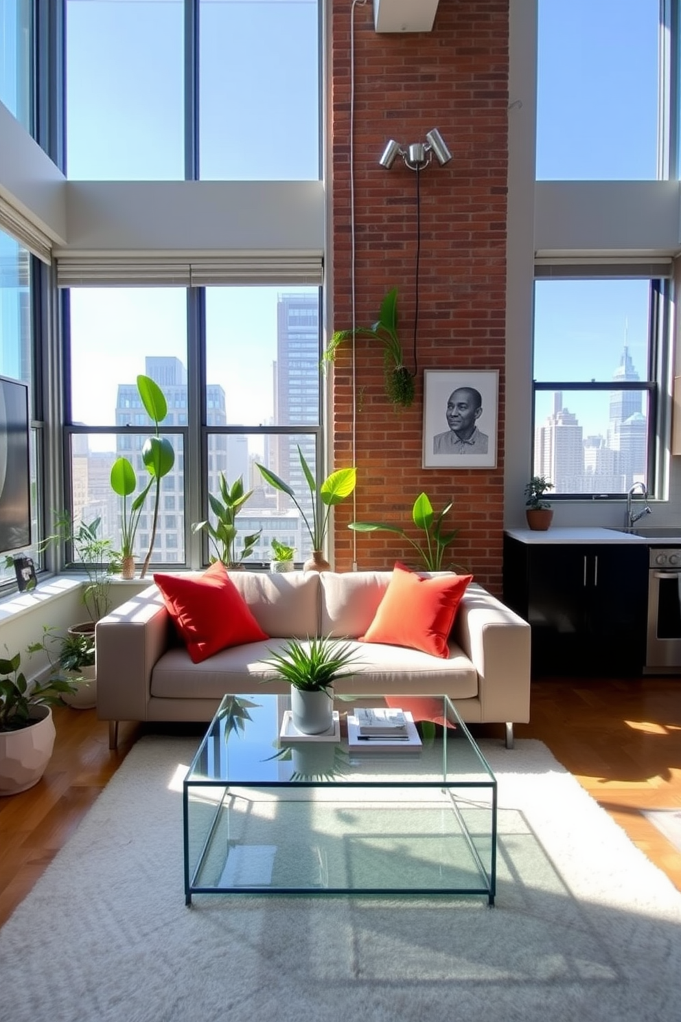 A stylish NYC apartment features an open-concept living space with large windows that allow natural light to flood in. The decor includes a sleek sofa in a neutral tone paired with vibrant throw pillows, and a glass coffee table sits atop a soft area rug. In one corner, a collection of indoor plants in varying heights adds a touch of greenery and freshness to the space. The walls are adorned with modern artwork, and the kitchen area boasts stainless steel appliances with a minimalist design.