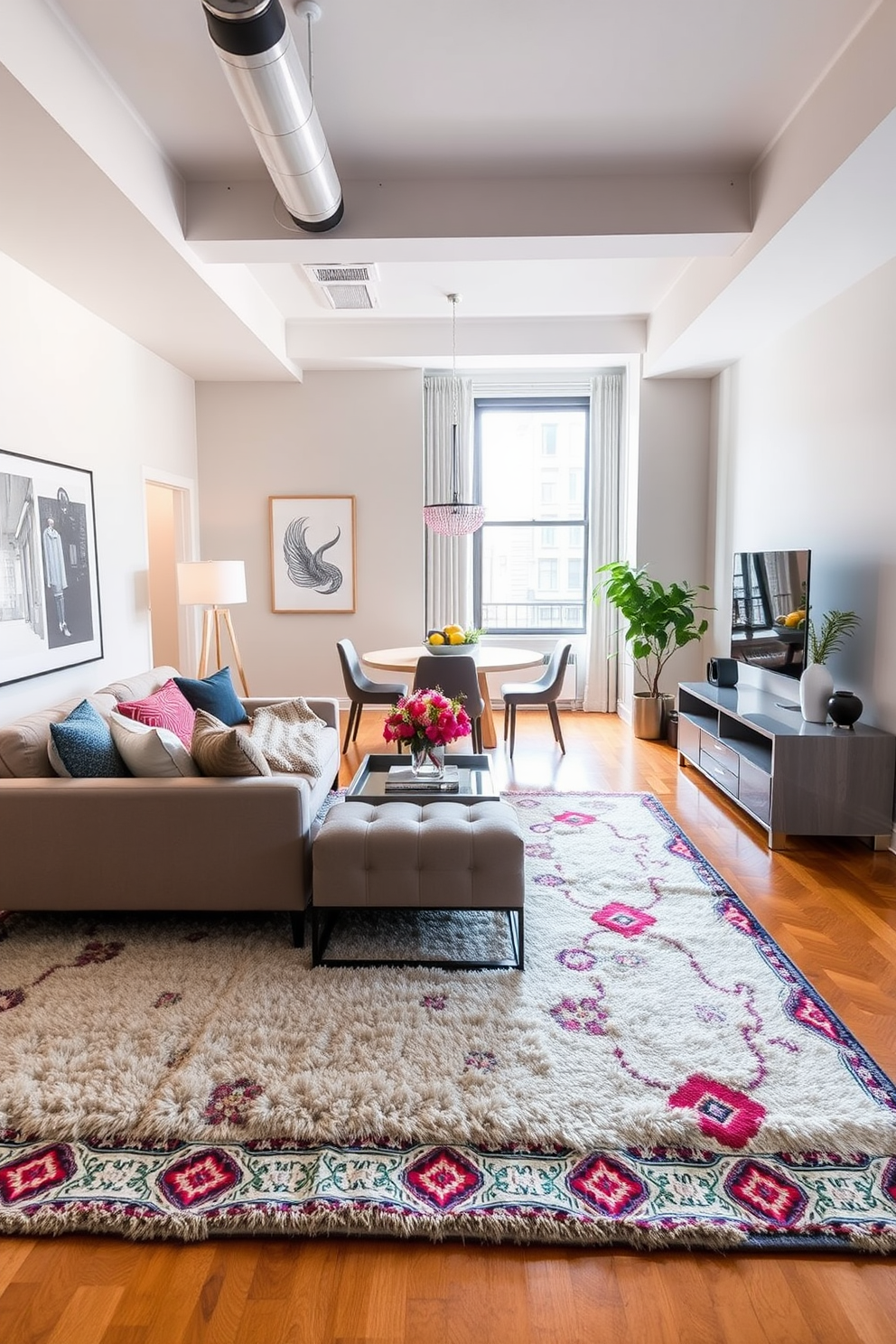 A stylish NYC apartment with an open floor plan featuring a cozy living area defined by a large area rug in a geometric pattern. The rug anchors a modern sectional sofa adorned with colorful throw pillows, creating a vibrant focal point in the room. In the dining area, a round area rug under a sleek wooden dining table adds warmth and texture to the space. Surrounding the table are elegant chairs that complement the overall design, enhancing the inviting atmosphere of the apartment.