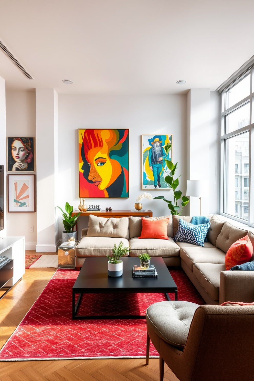 Create a stylish NYC apartment living room that features a cozy seating arrangement with a plush sectional sofa and a sleek coffee table. The walls are adorned with vibrant artwork hung at eye level, enhancing the room's artistic flair and creating a focal point. Incorporate large windows that allow natural light to flood the space, highlighting the modern decor and accent pieces. Use a neutral color palette with pops of color from decorative cushions and plants to bring warmth and personality to the design.