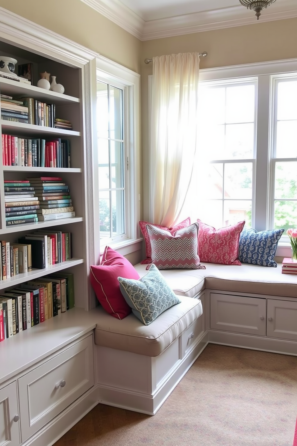 Create a cozy nook featuring a plush window seat with soft cushions and an array of colorful throw pillows. Surround the seat with bookshelves filled with books and decorative items, and let natural light flood in through large windows adorned with sheer curtains.