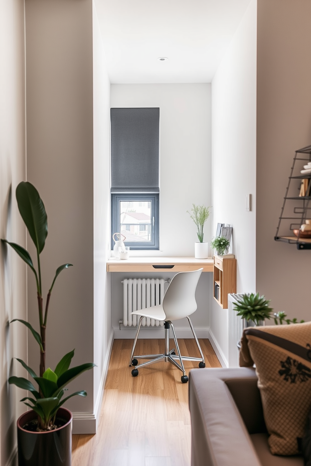 A narrow apartment features a cozy living area with a soft color palette and strategically placed furniture to maximize space. Floor-to-ceiling windows are adorned with light, airy curtains that gently frame the view while adding a touch of warmth to the room. The compact kitchen is designed with sleek cabinetry and a minimalist island, creating a functional yet stylish cooking space. Open shelving displays curated dishware, and a small dining table is positioned near the window, inviting natural light into the area.