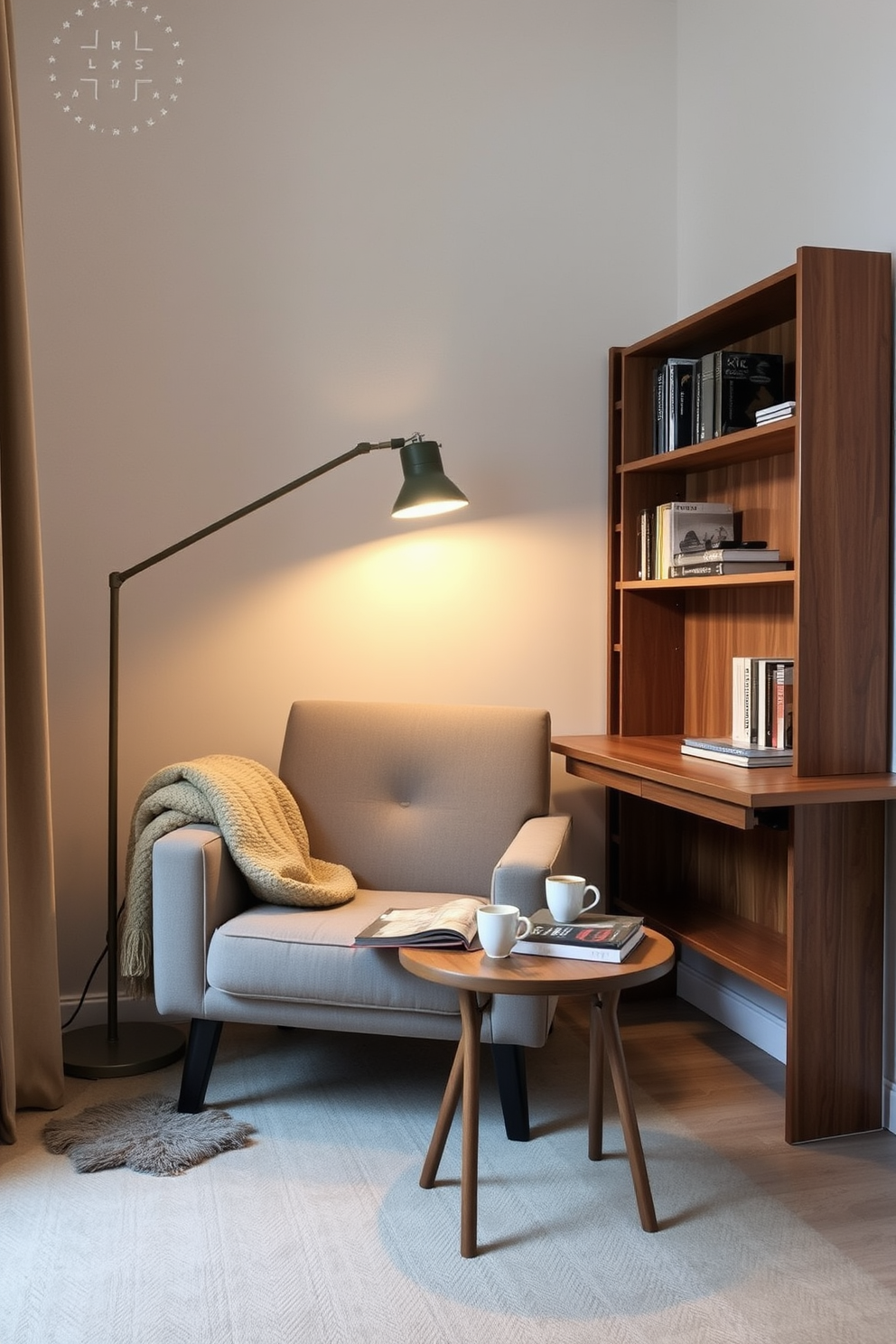 A narrow apartment design featuring an open shelving unit that showcases stylish decor and books. The walls are painted in a light neutral tone to enhance the sense of space, while large windows allow natural light to flood the room. The living area includes a compact sofa with colorful cushions, paired with a sleek coffee table. A small dining table with minimalist chairs is positioned near the kitchen, creating a functional yet inviting atmosphere.