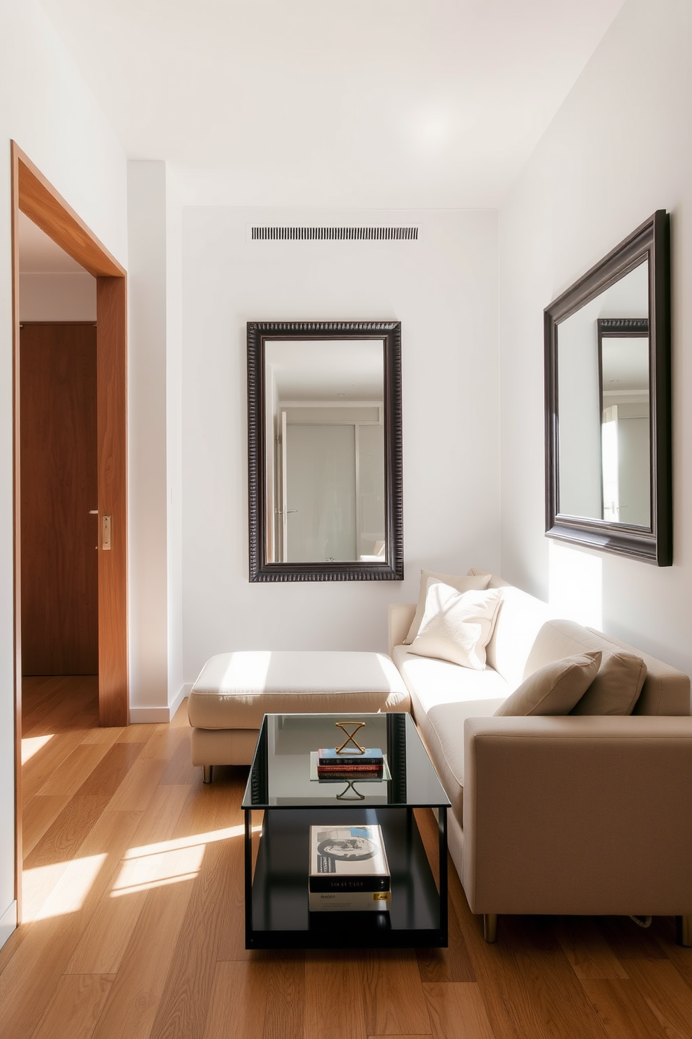 A narrow apartment featuring an open living area that maximizes light and space. Large floor-to-ceiling mirrors adorn the walls, reflecting natural light and creating a sense of depth. The living room includes a sleek, modern sofa positioned against one wall, with a minimalist coffee table in front. A compact dining area with a round table and stylish chairs is situated adjacent to the kitchen, enhancing the flow of the space.